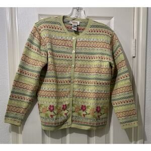 Talbots Petites Cardigan Size P/XS Floral Ribbon Light Green Preppy Colorful